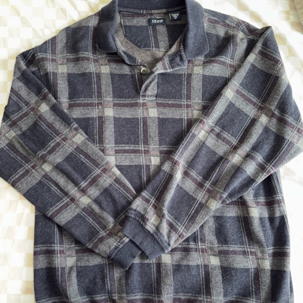 Izod Men's Charcoal and Burgundy Plaid Polo
